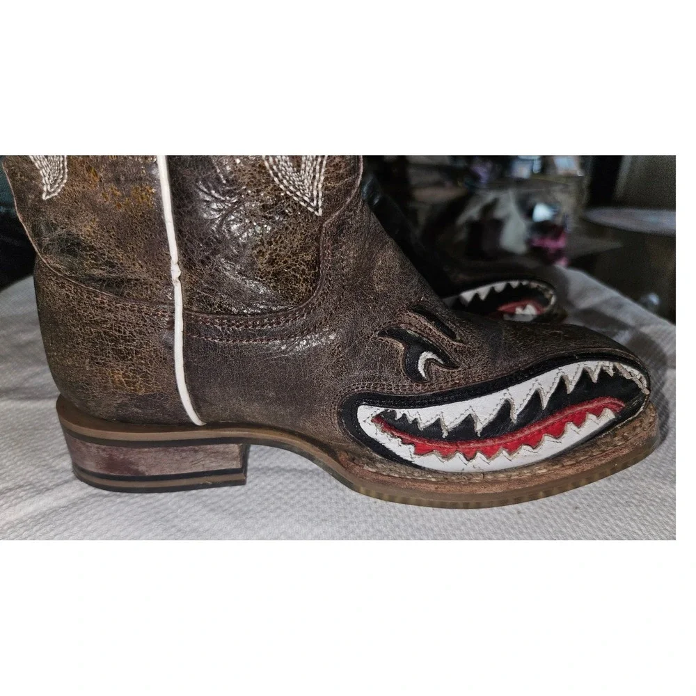 Tin Haul Kids Sharky Brown Leather Western Cowboy Boots Size 6 14-12-0297-712